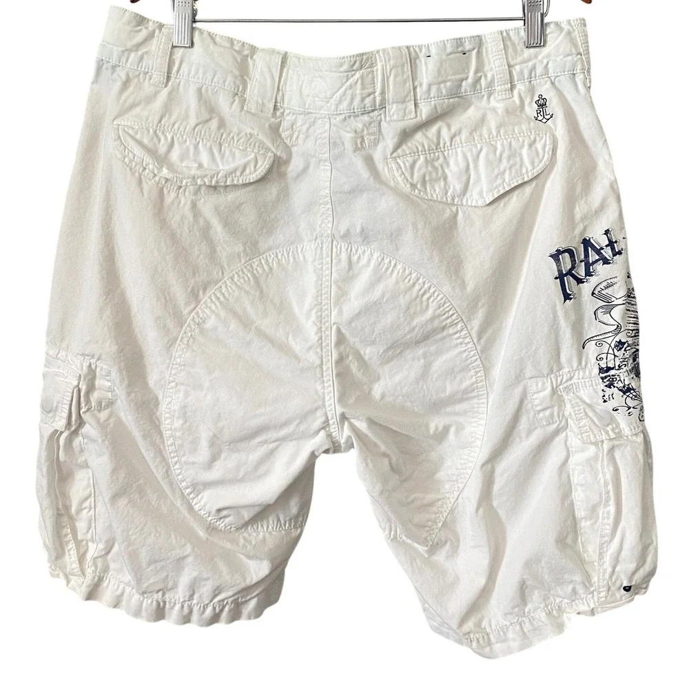Vtg Polo Ralph Lauren Men White Marine Supply Co Nautical Graphic Cargo Short 36